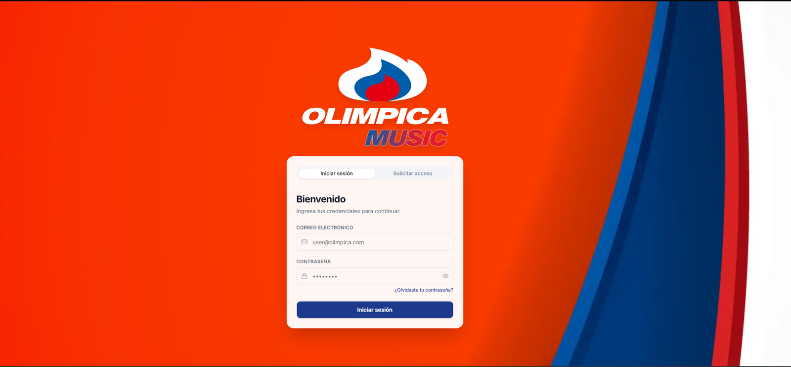 Pantalla de inicio de sesión de Olímpica Music, software de gestión musical